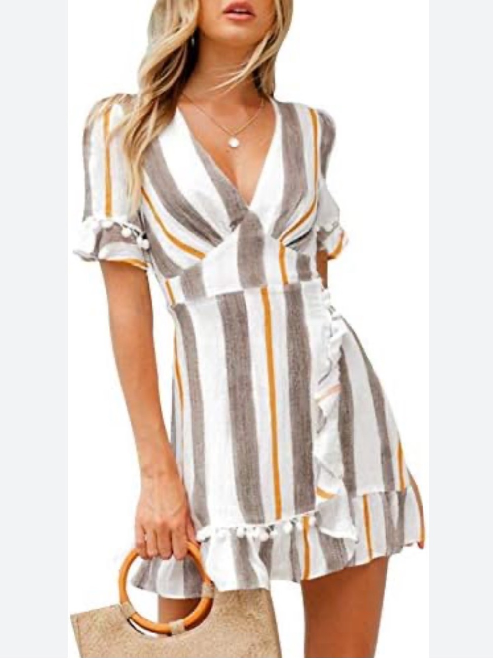 Striped Wrap Mini Dress with Pom Trim - White, Mustard & Gray